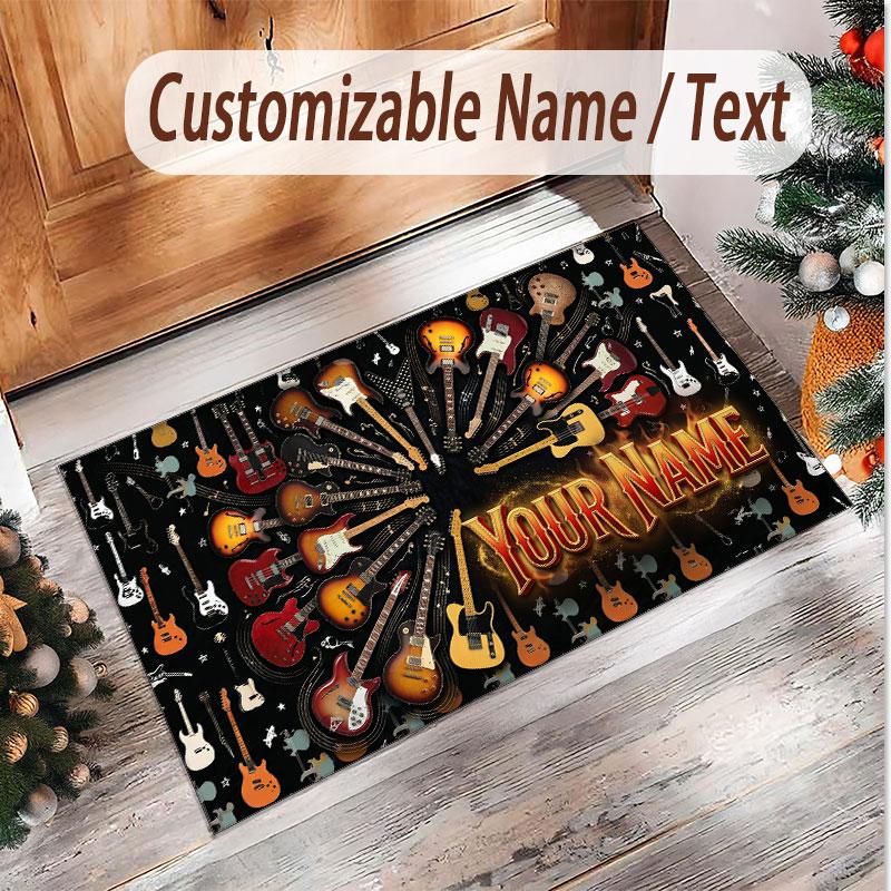 Music Guitar Theme Soft Crystal Velvet Rug Custom Name & Text Print Non Slip Floor Rug for Bedroom Living Room