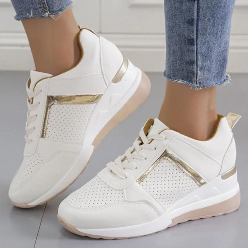 

SyfIyno Новые женские вулканизированные спортивные туфли, Повседневные спортивные туфли на платформах, Теннис, Шнурки и танкетки Размер 35-43 35 белый