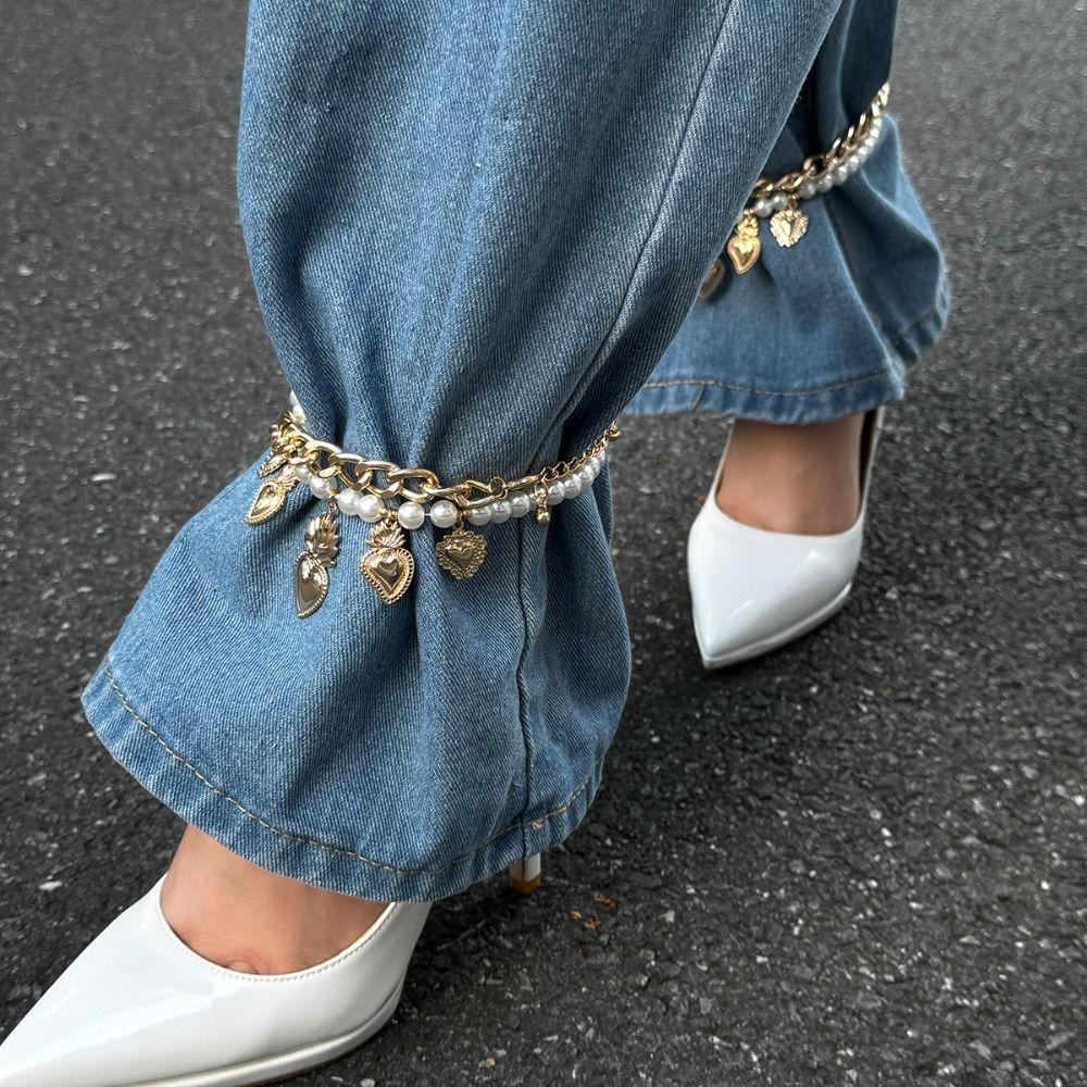Cross Tassel Pearl Foot Ankle Tassel Button Clasps Jeans Brooch Adjustable Detachable Cross Pendant Jeans Chain
