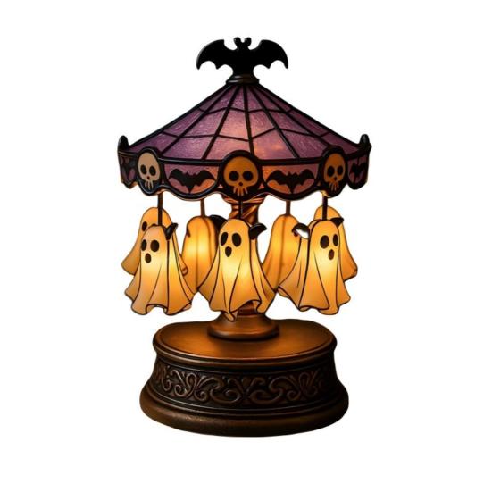 Duchový kolotočové světlo Vitrážový kolotoč Noční světlo s plovoucím duchem Halloweenská stolní lampa na čtení do ložnice krbová římsa stolní dekorace