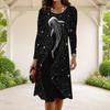Women Plus Size Round Neck Long Sleeve A Line Flared Hem Black Printed Dress