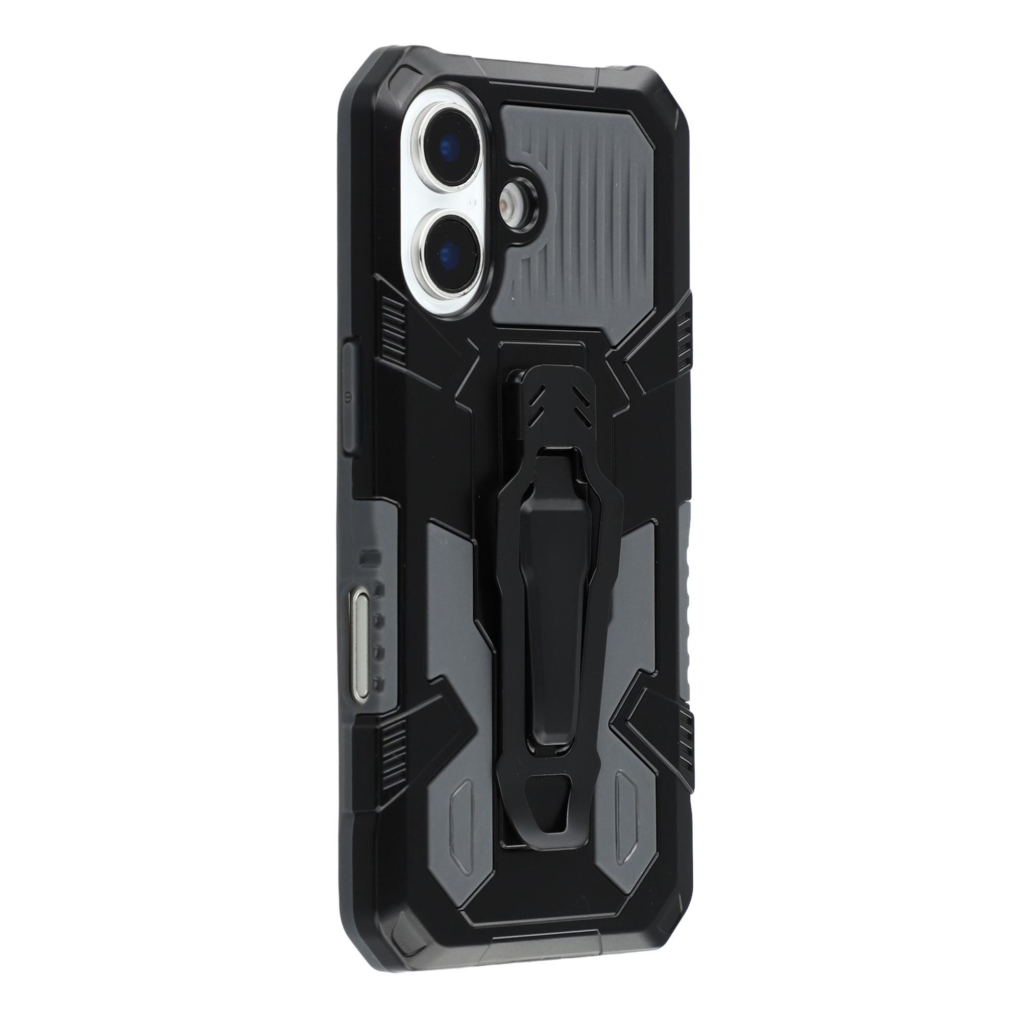 

For iPhone 16 Case with Kickstand Belt Clip Design TPU+PC Phone Back Cover Grey