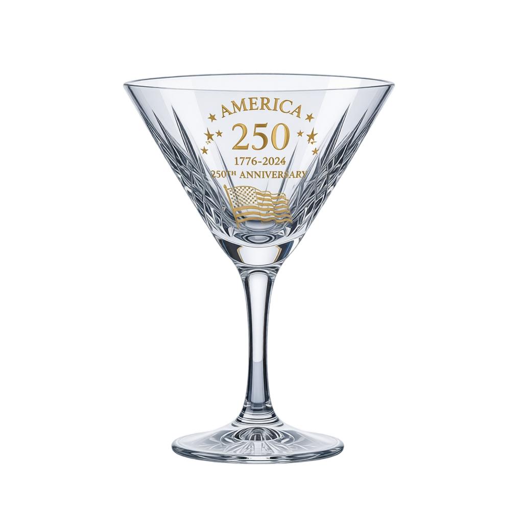 Crystal 250th Anniversary Commemorative Martini Glass 1776-2024 Etched Design with Star and Flag Motif Stemware for Special Occasions