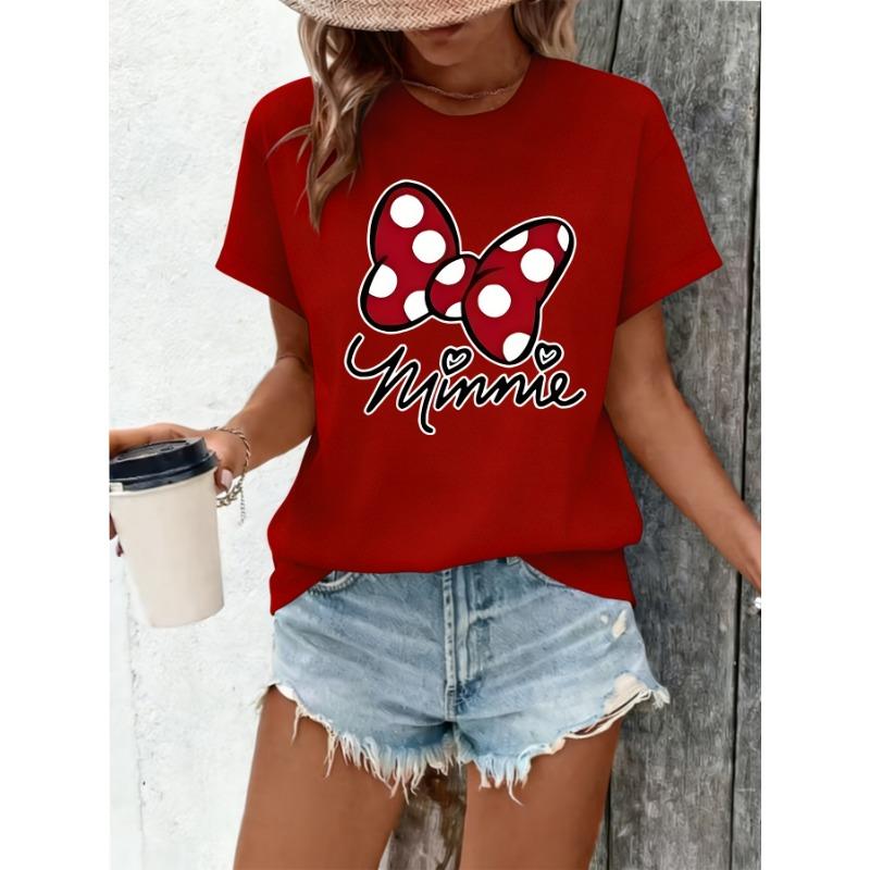 Minnie style red polka dot bow and handwritten Minnie pattern summer new women's T-shirt short sleeves