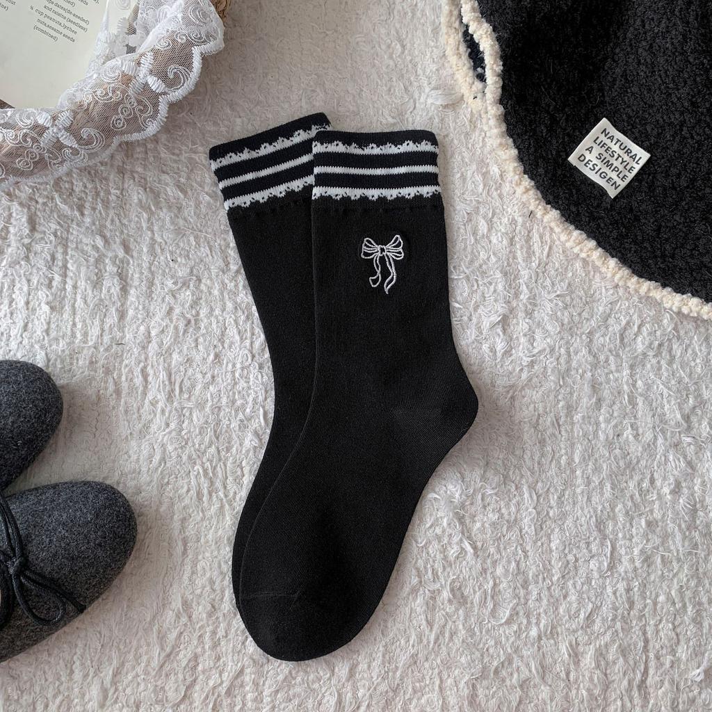 Bow Embroidered Socks Women'S Striped Lace Sweet Tube Socks Outer Lace Stacking Socks
