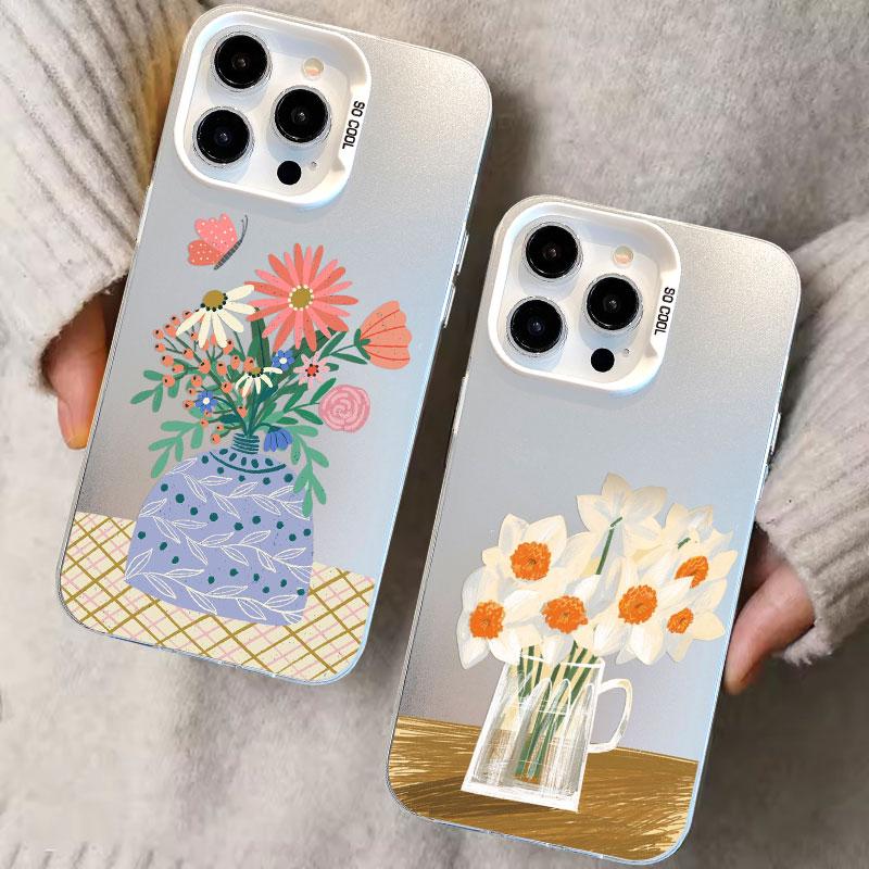 Vintage Art Hand Drawn Flowers Laser Phone Case For iPhone 17 16 Pro Max 15 14 Pro Max Plus 13 Mini 12 11 Pro Max Cover Fundas