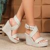 Women's Beige Espadrille Wedge Sandals - Ankle Buckle, Open Toe, Thick Sole, Strappy Summer Fashion Heels