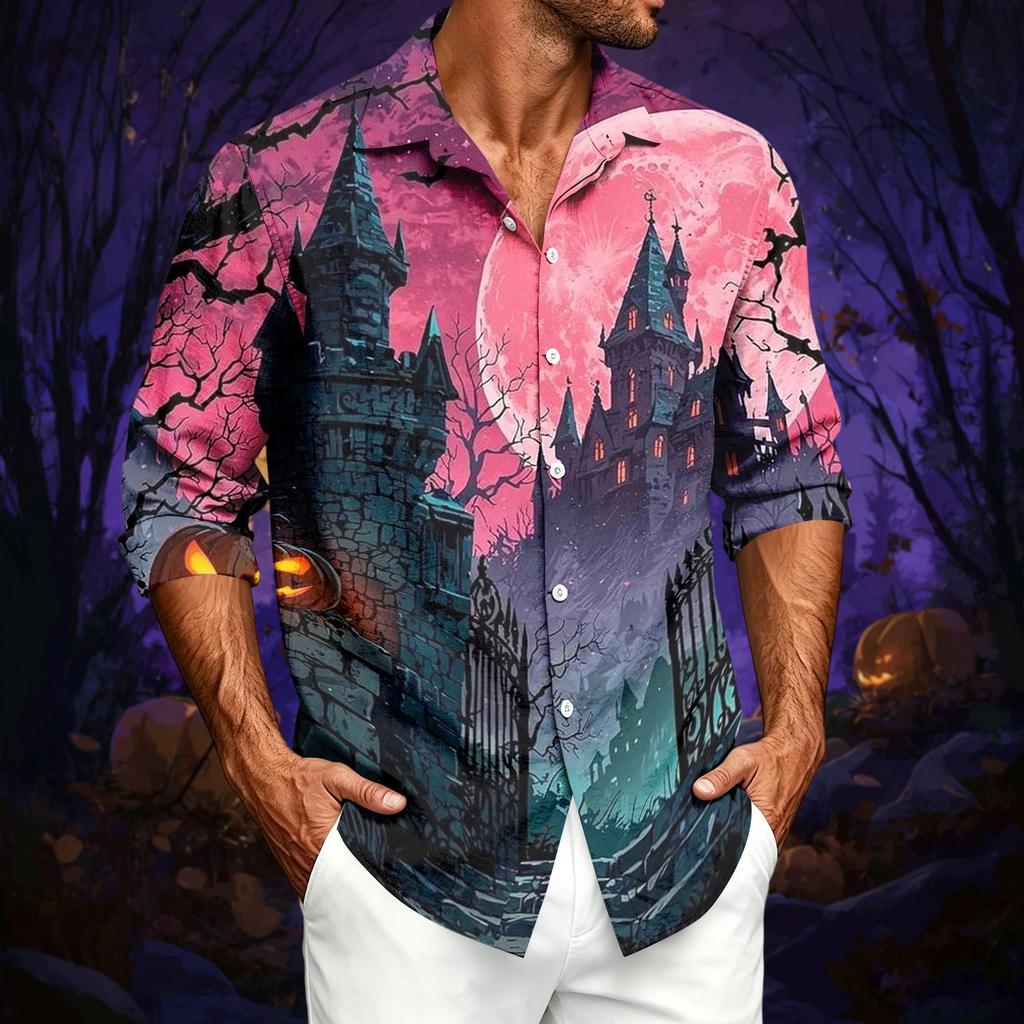 Men's Casual Long-Sleeve Shirt with Halloween Print for Spring ,Summer and Fall