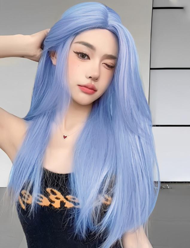 

JINKAILI 24 дюйма длинные прямые синие парики для косплея средняя часть парик парики для Хэллоуина вечеринка, парик Лолиты, термостойкий парик для девочек