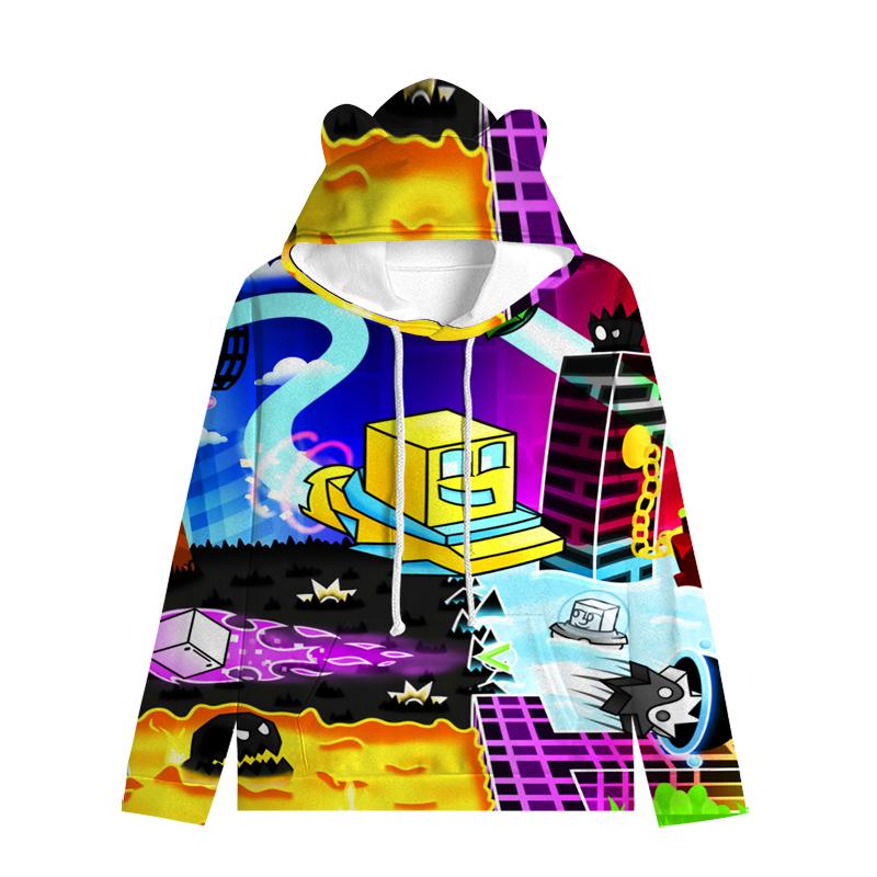 Dětská mikina Angry Geometry Dash pro chlapce Dívčí mikina Harajuku Streetwear Hip Hop Kawaii Cat Ear Pullover s kapucí