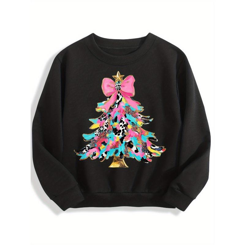 Kids Black Crewneck Sweatshirt, Christmas Tree Print 110 чёрный