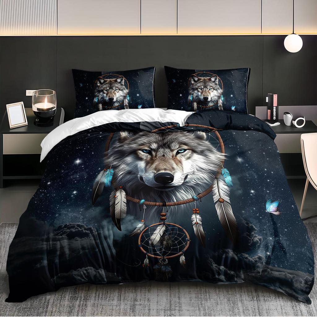 3Pcs Wolf Dreamcatcher Galaxy Bedding Duvet Cover Set Bohemian Wolf Bedding Quilt Set Wolf Themed Bed Quilt Set Mystical Wolf