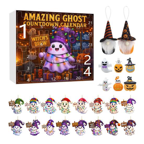 Halloween Advent Calendar 2025 24 Day Countdown Calendar with Acrylic Ghost/Gnome/Pumpkin Ornaments for Indoor Outdoor Home Party Decor