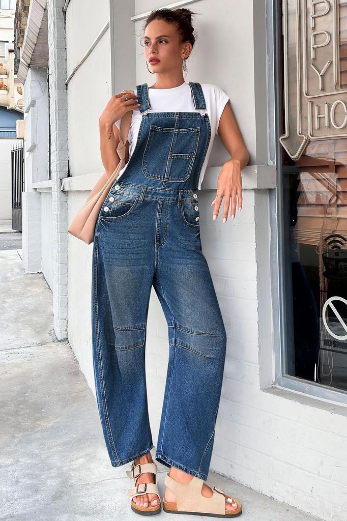 Womens Denim Bib Overalls Barrel Leg Baggy Jean Jumpsuit With Pockets