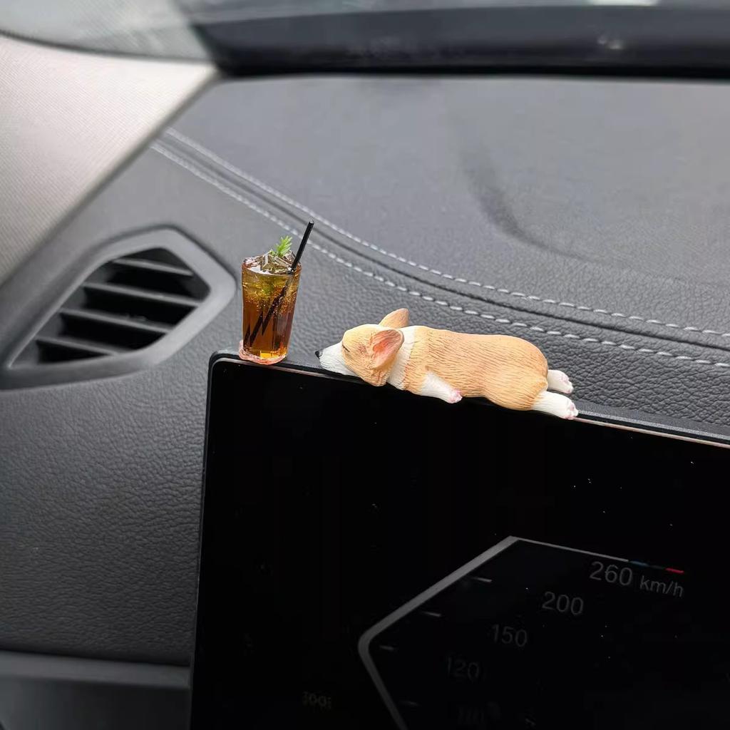Cute Car Accessory With Mini Resin Corgi And Drink Sleeping Corgi Car Dashboard Decoration Funny Dog Rearview Mirror Decor