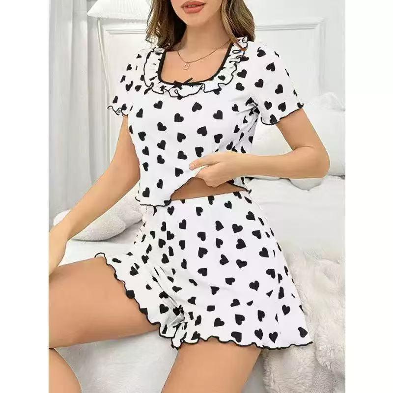 Heart Print Frill Edge Pajama Set: Summer Women's Square Neck Short Sleeve & Shorts