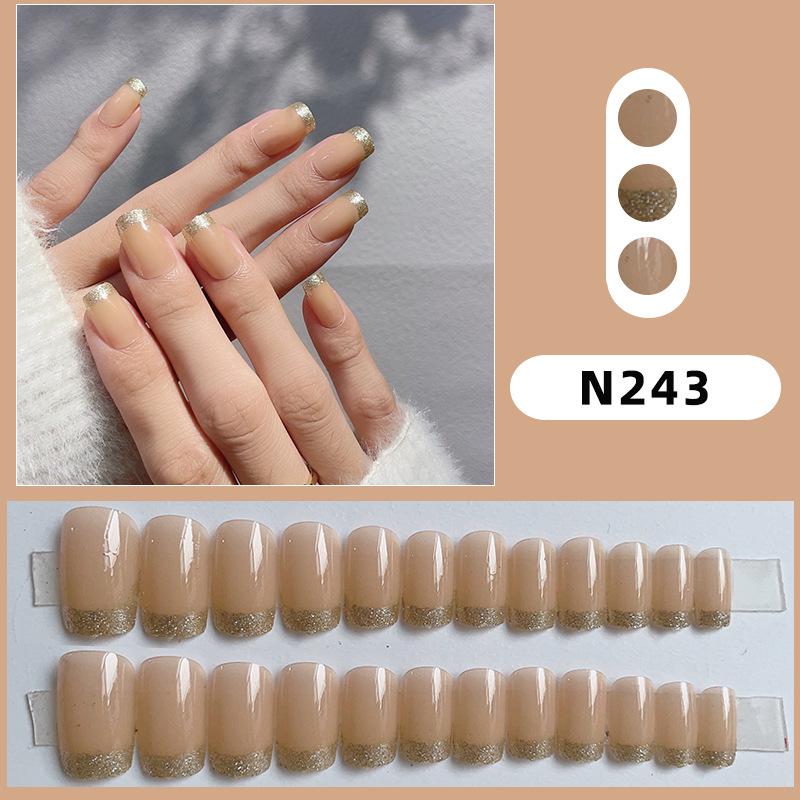 

Gold Glitter Edged Nude False Nails - Chic European & American Style