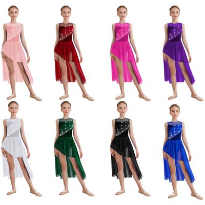 Girls Performance Dress Lace Patchwork Ruched Mesh Overlay Asymmetrical Hem Sparkly Rhinestones Dancewear