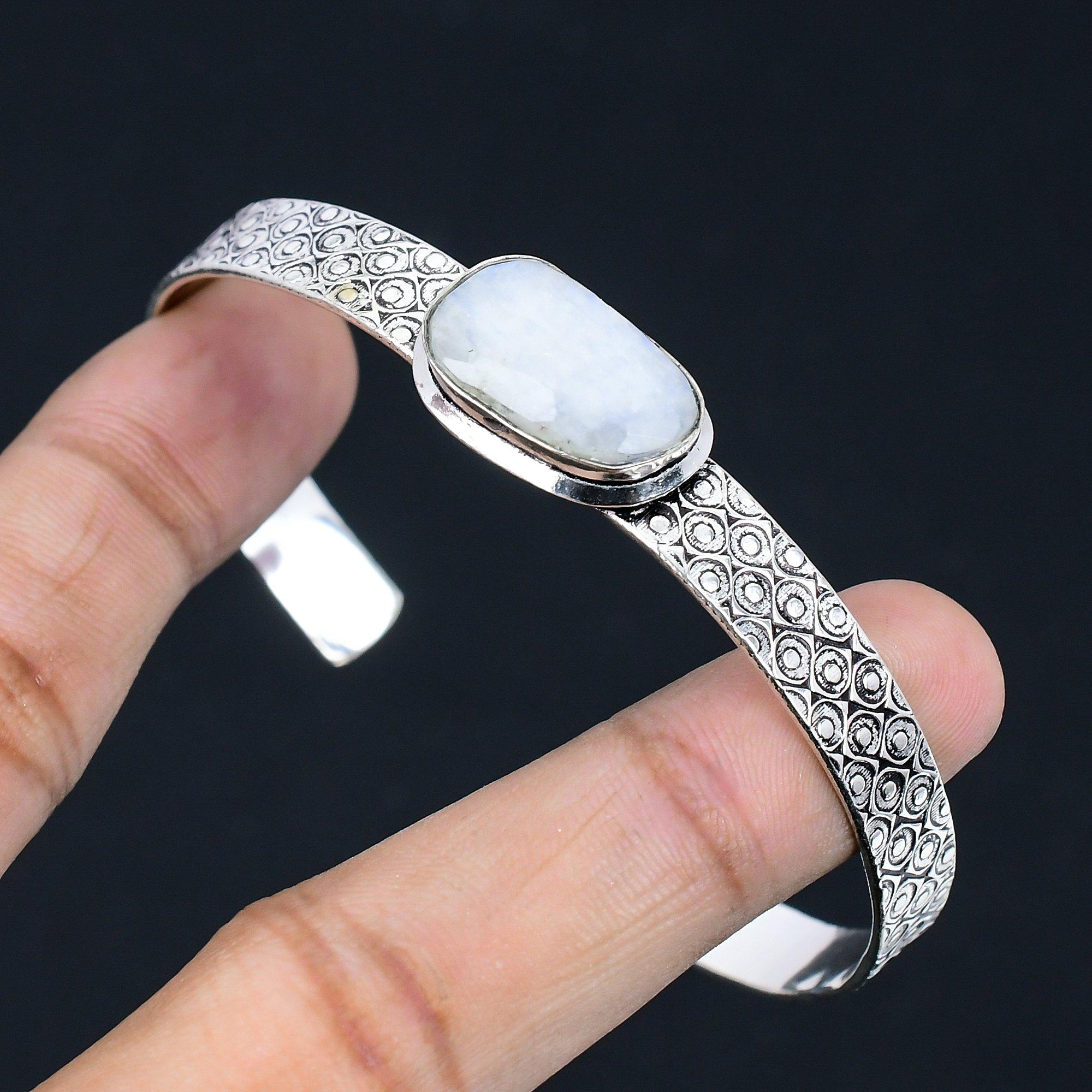 

Natural Rainbow Moonstone Gemstone Bangle Adjustable 925 Silver For Girls Adjustable