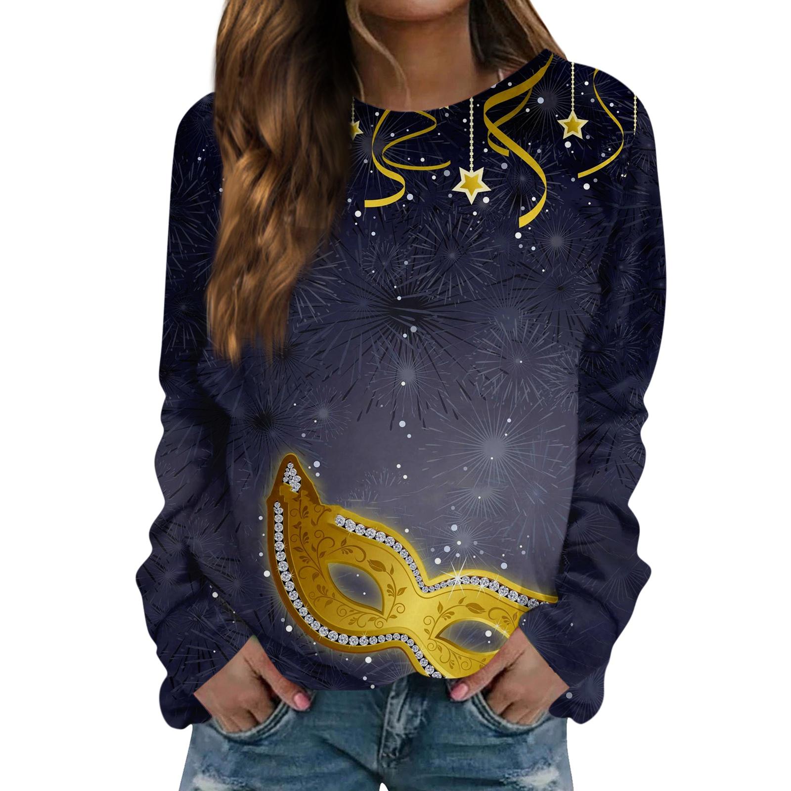 

Women s Fashion Casual Long Sleeved Print Round Neck Sweater Top XL тёмно-синий