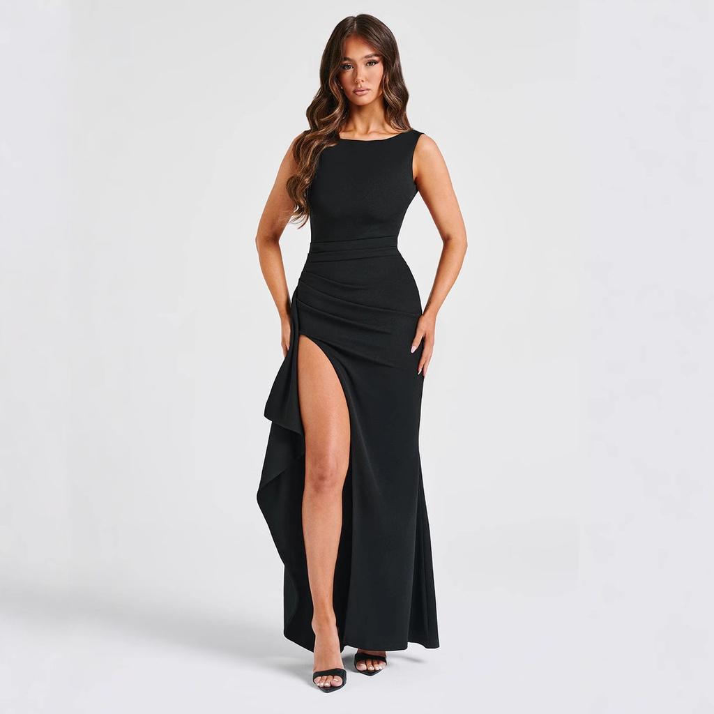 Summer new style solid color round neck high split end sexy backless dress women's slim dress