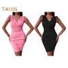 Women's V Neck Bodycon Short Dress Drawstring Sleeveless Mini Dress with Pockets Sexy Ruched Evening Dress for Cocktail Party