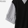 ZANZEA Women Casual Turn Down Collar Stripe Patchwork Half Sleeve Blouse