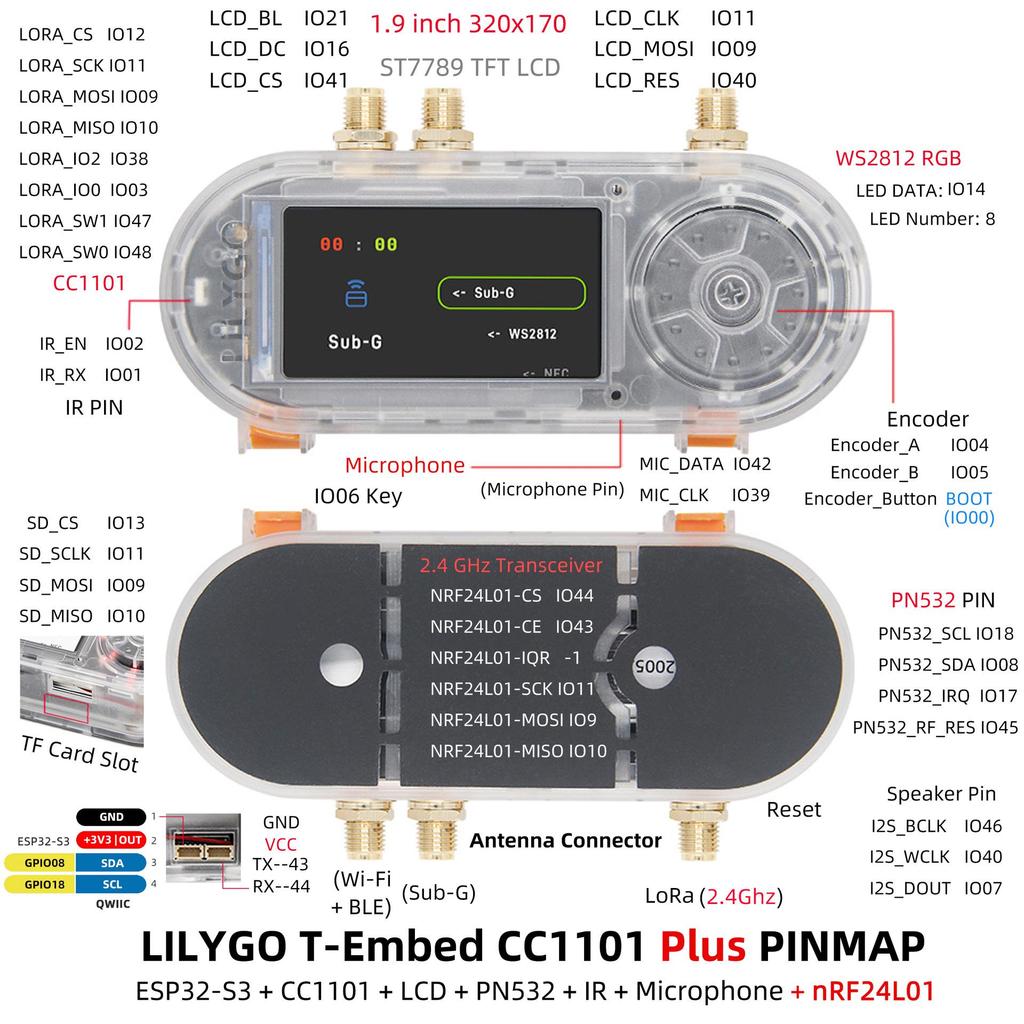 LILYGO T-Embed ESP32-S3 Modul mit CC1101, 1,9" LCD und PN532.