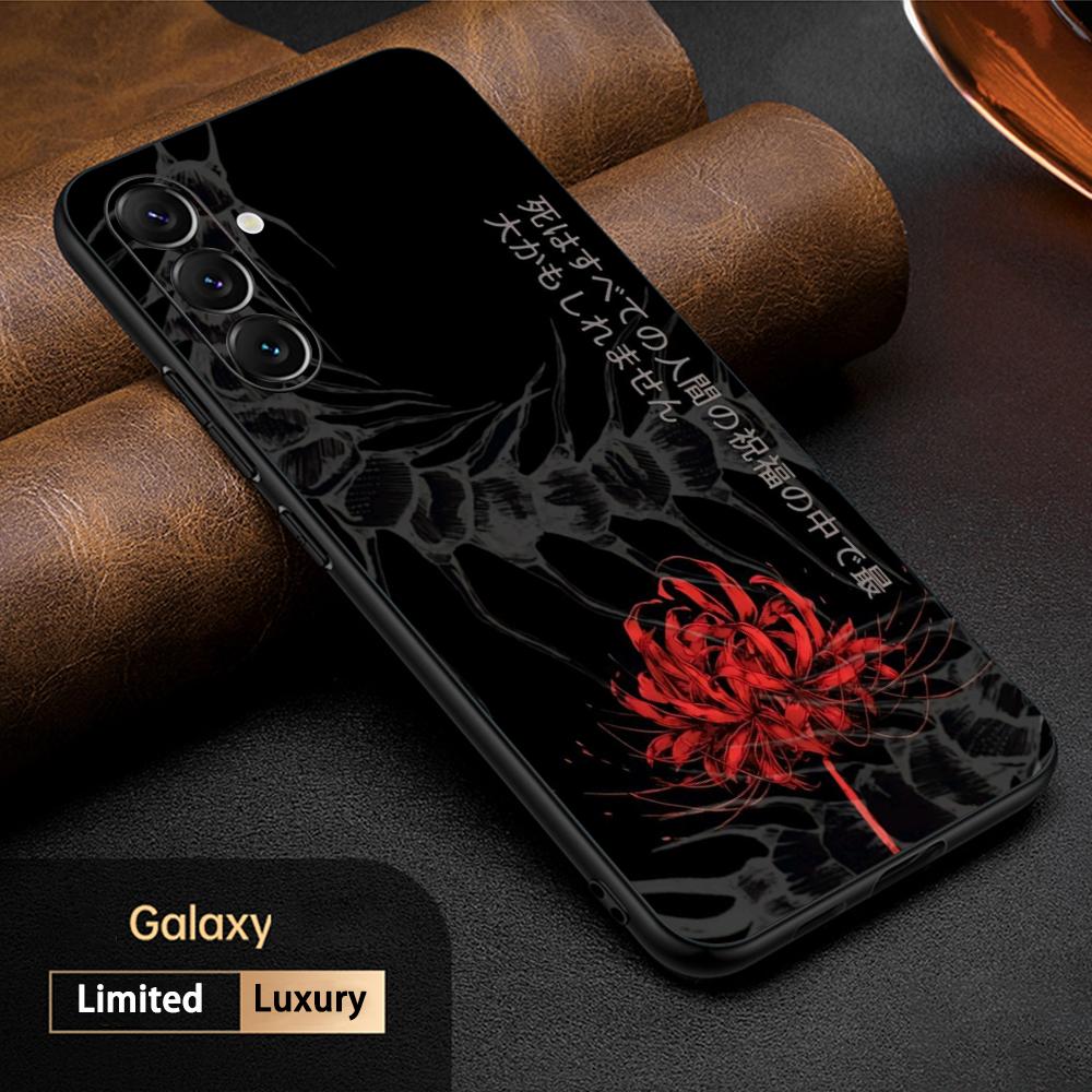 Handyhülle mit rotem Spinnenlilie-Motiv im japanischen Kunst- und Modedesign für Samsung Galaxy S26, S25, S24, S23, S22, S21 Plus, Ultra und Note20 (weich, schwarz)