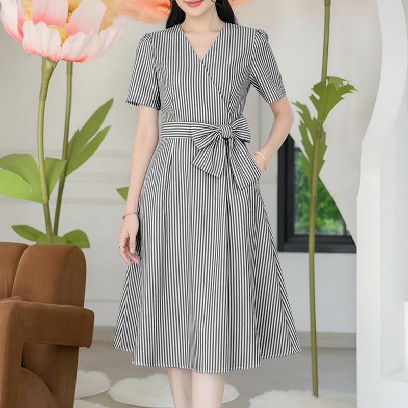 

ZANZEA Women Casual V-Neck Short Sleeve Bows Splice Stripe Print A-line Dress S чёрный