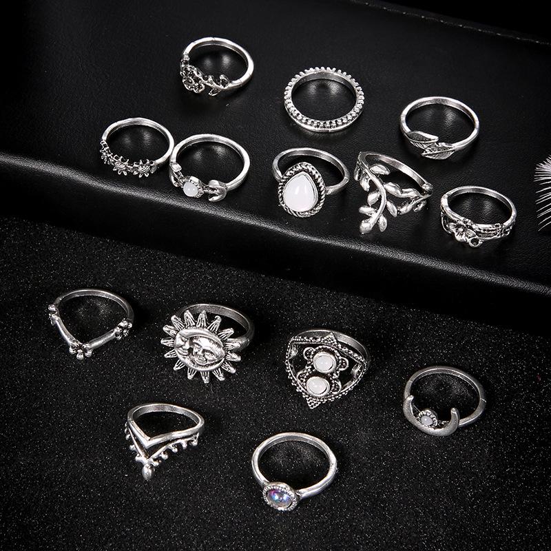 European & American Sunflower, Moon & Water Drop 14-Piece Ring Set with Intricate Floral and Diamond Accents