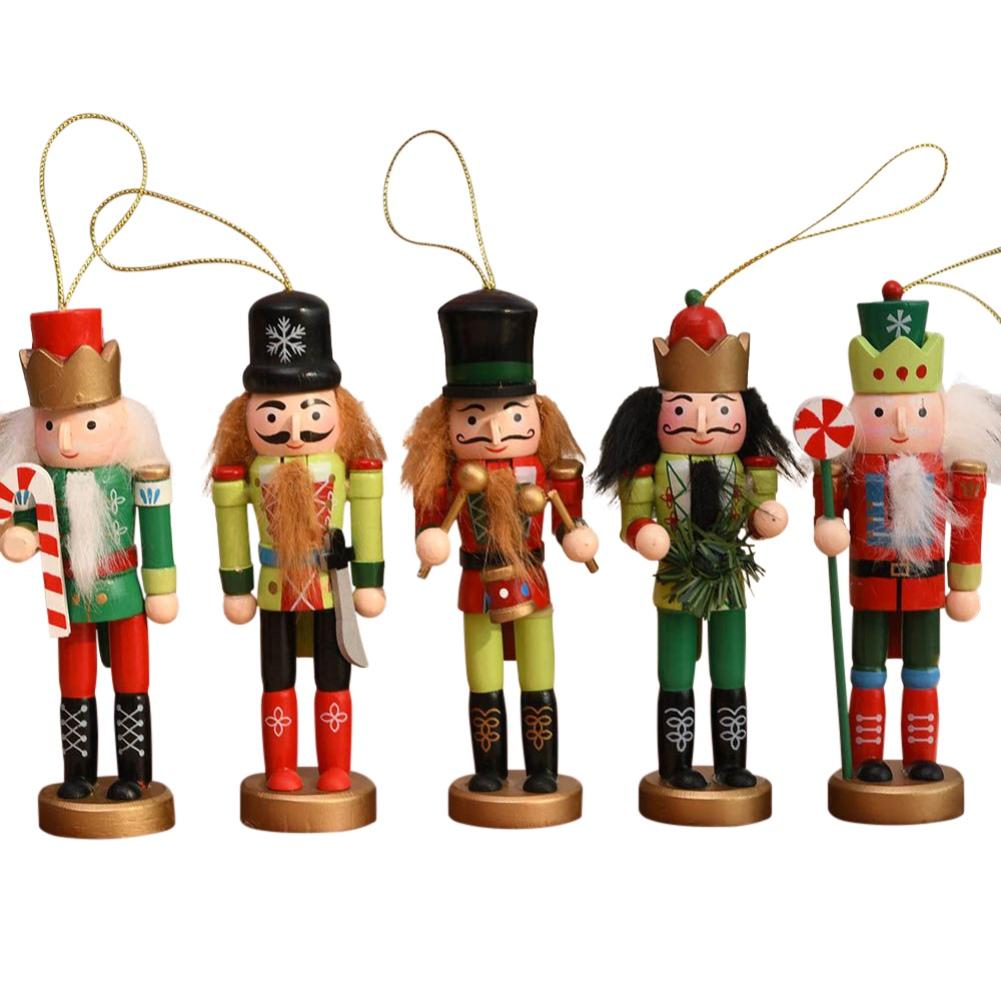5pcs Wooden Nutcracker Ornament 13cm Soldier Figure Christmas Tree Pendant Desktop Decoration  Xmas Decor Statues Gifts
