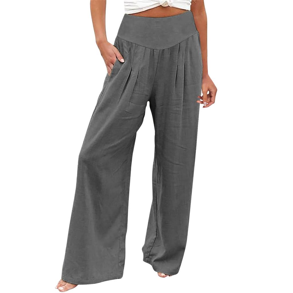 Summer Cotton Linen Wide Leg Pants Women Loose Palazzo Pant Pocket Elastic Waist Casual Pants