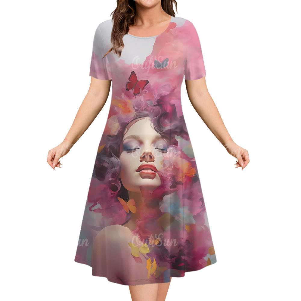 Summer Round Neck Short Sleeved Clothing European/American Portrait Women's Dresses Daily Casual Long Dress Pullover