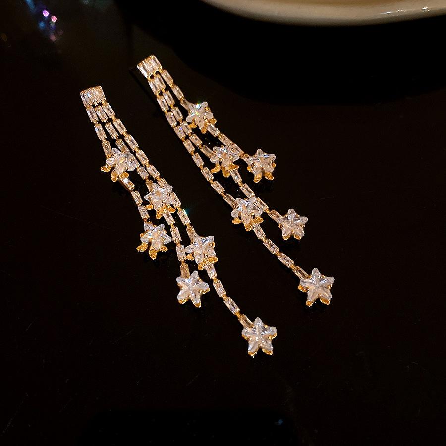 

K real gold electroplated silver needle zircon star fringed stud earrings niche light luxury earrings high-end earrings women