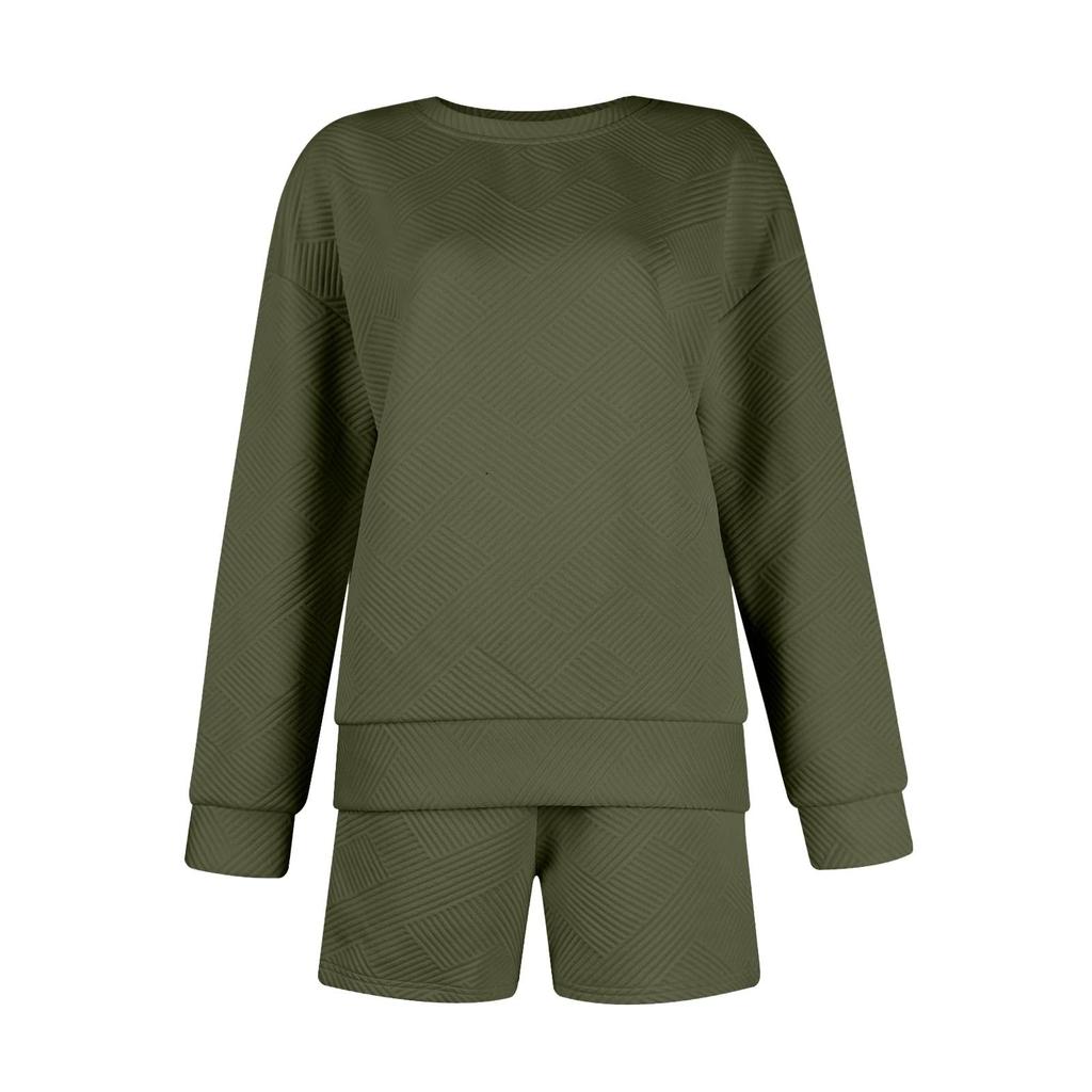 Women's Solid Color Textured Casual Set Long Sleeve Shorts Drawstring Two-Piece Set