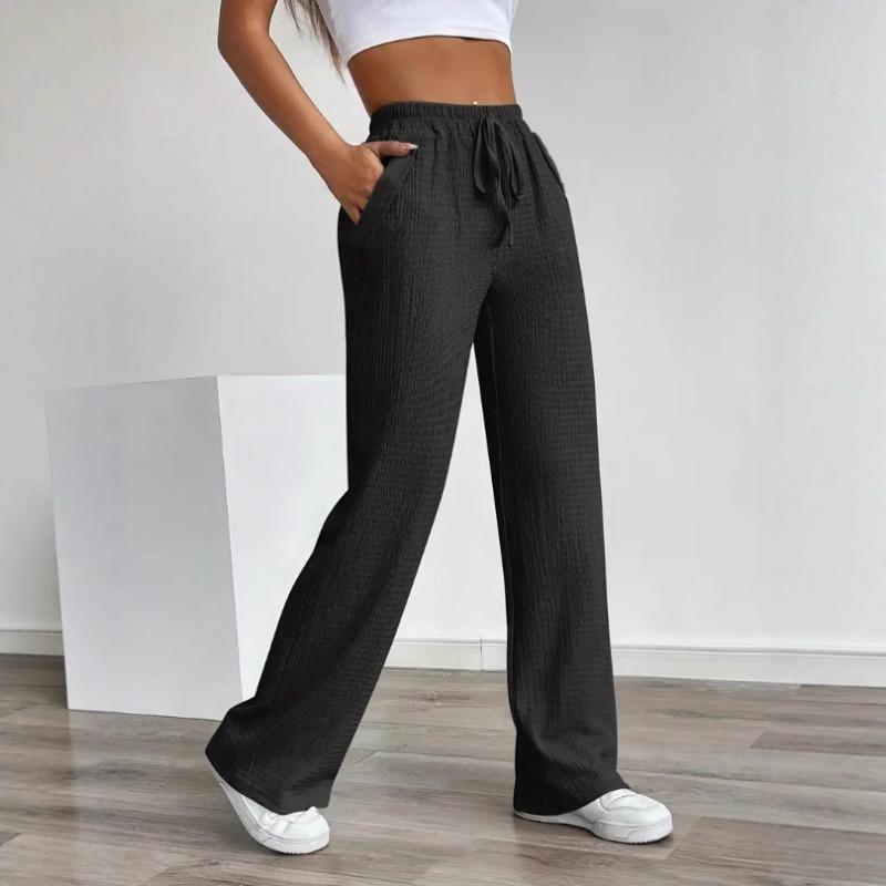 New Spring and Autumn Women's Solid Color Pattern Loose Elastic Mid-waist Rope Pocket Casual Unisex Trousers