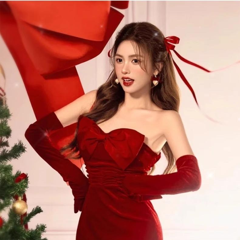 Red Velvet Long Gloves for Weddings, Parties, and Photography