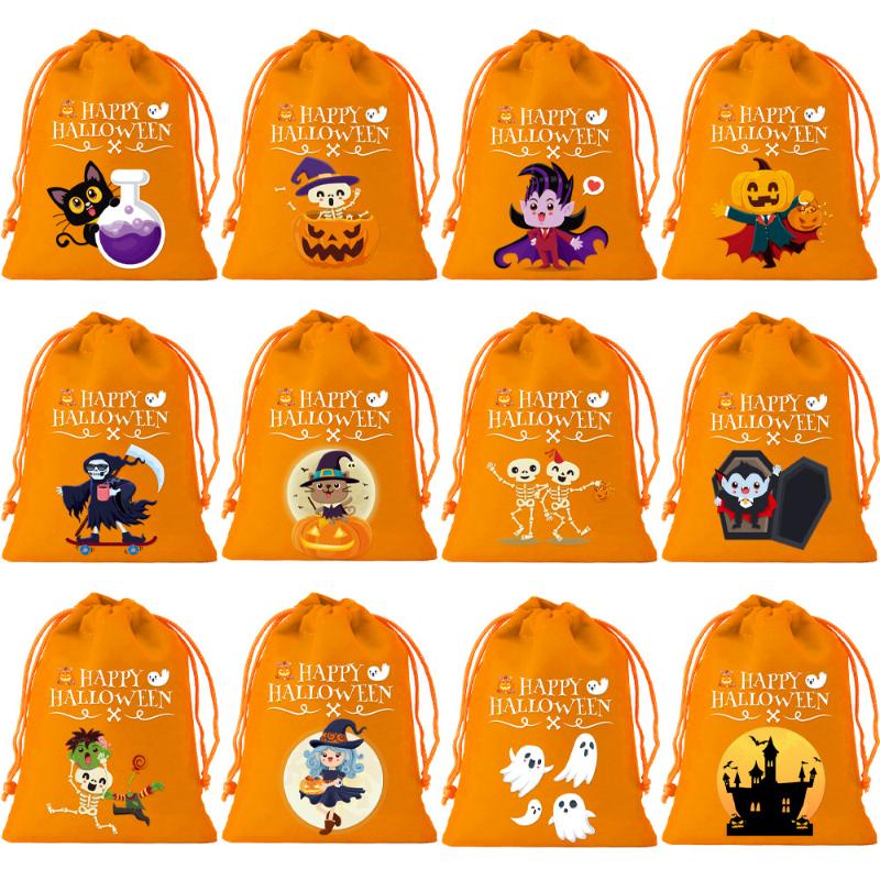 8/12Pcs 2025 New Halloween Gift Bags Children'S Trick-Or-Treat Candy Bags Pumpkin Bags Flannel Drawstring Candy Bags 10X12Cm