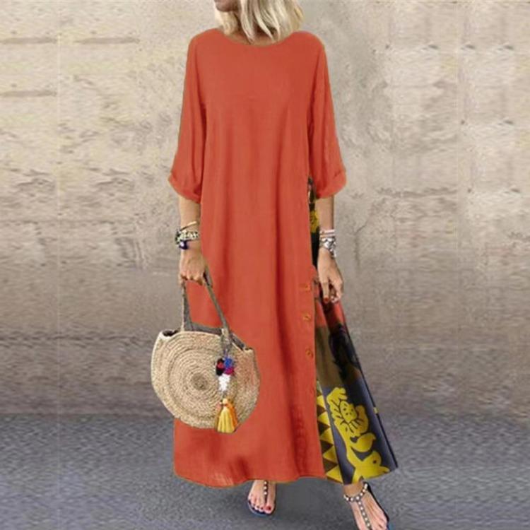 

Винтажное женское платье с цветочным принтом, рукавом 3/4, круглым вырезом, цветной лоскутной вставкой и пуговицами XL оранжевый