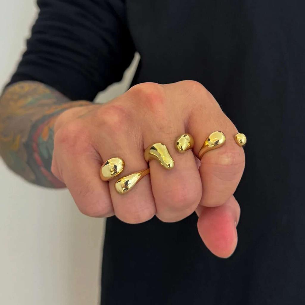 KunJoe 3Pcs/Set Smooth Surface Irregular Water Drop Open Ring for Men Simple Trendy Geometric Gold Color Adjustable Ring Jewelry