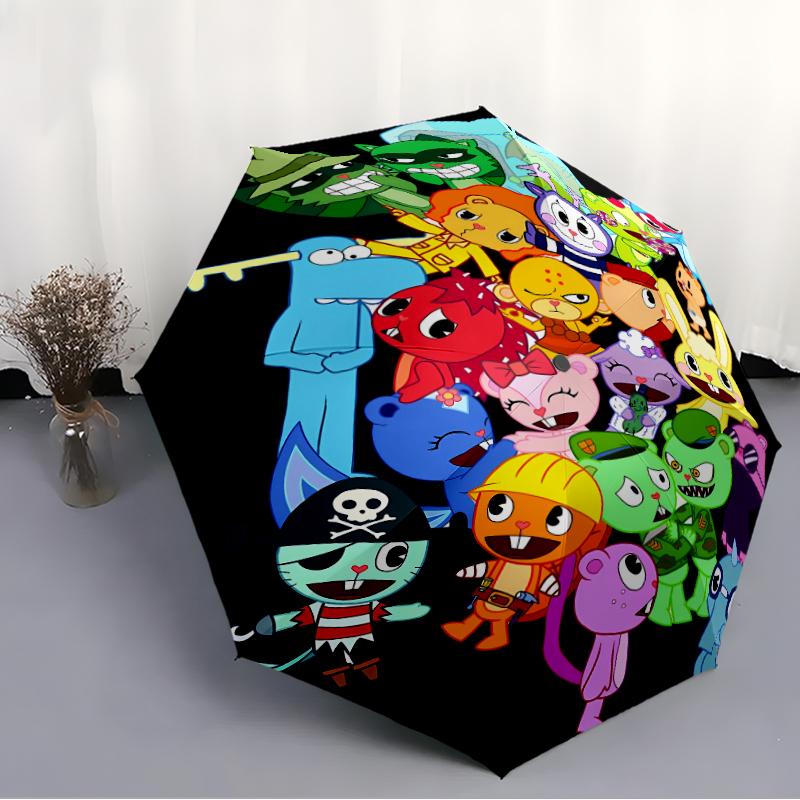 Happy Tree Friends3 Print Automatic Umbrella, 8 Rib Iron Frame, Plastic Handle, Suitable for Outdoor Travel &Daily , Ideal Gift