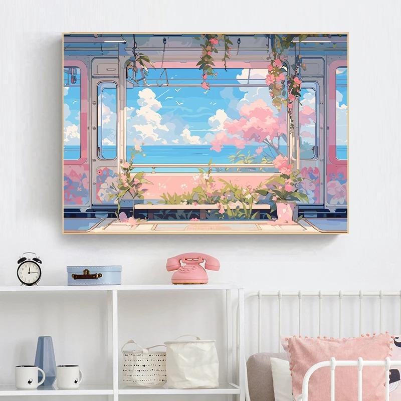 Aestheticism Anime Scenes Posters Sakura Tram Train Ocean View Prints Canvas Printing Wall Landscape Art Picture for Home Decor
