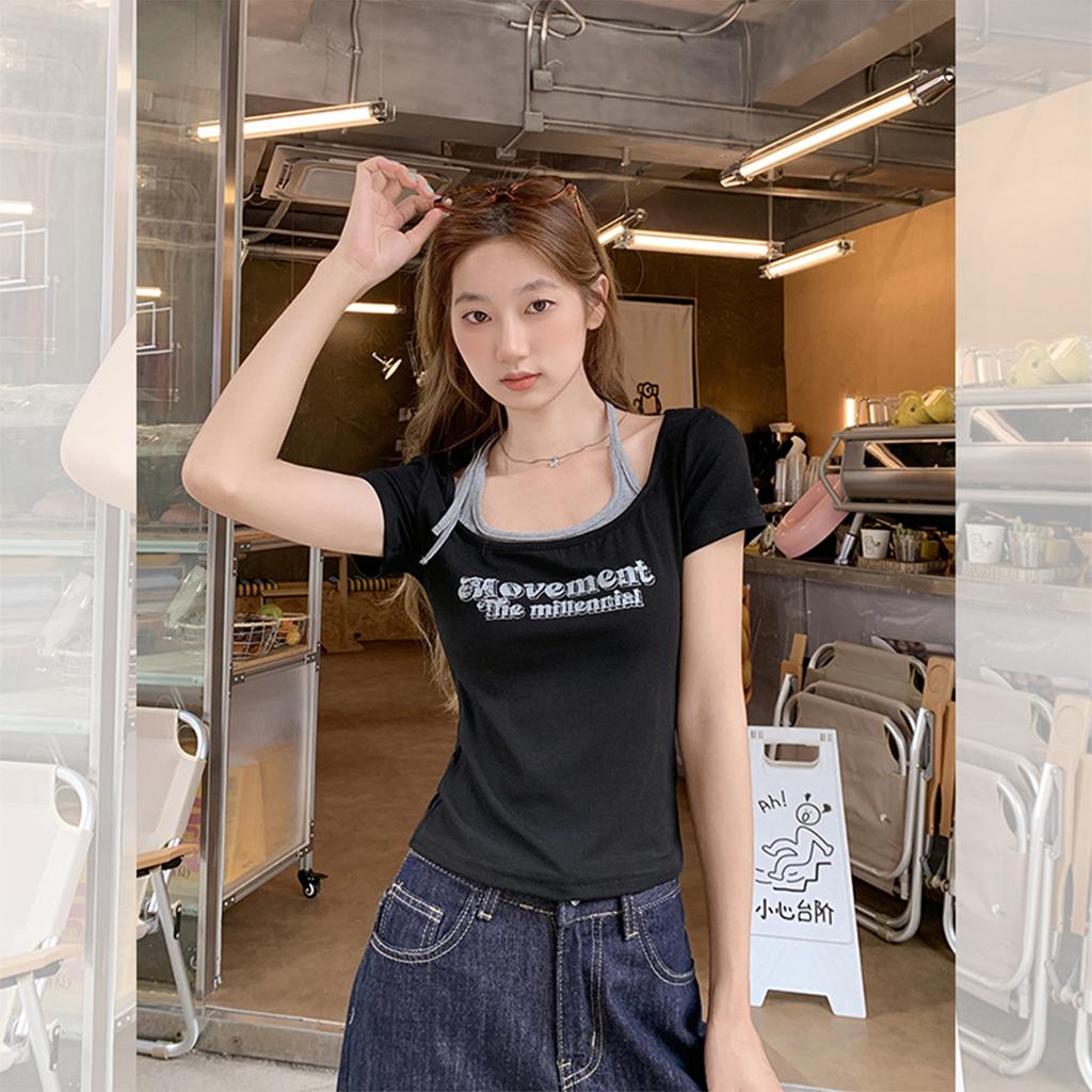 American Retro Black Printed Fake Two-piece Short-sleeved T-shirt Women's Summer New Slim-fitting and Thin Shoulder Top