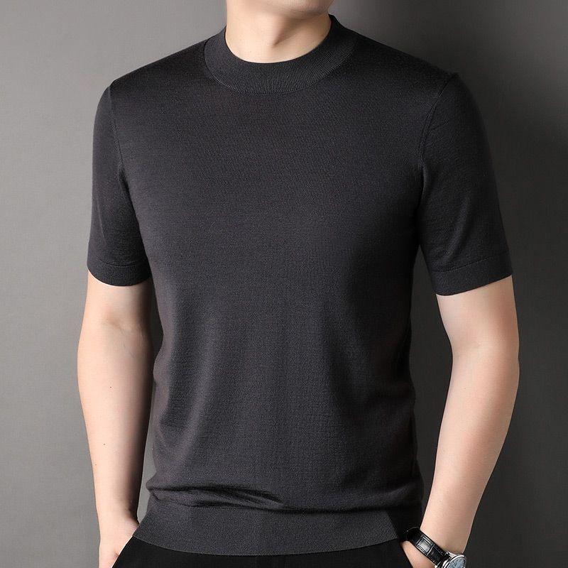 T-shirt Estiva da Uomo a Maniche Corte in Filato Pettinato Mercerizzato Versatile Moda Abbigliamento Maschile Collo Alto Mezzo Casual Base Top a Maglia