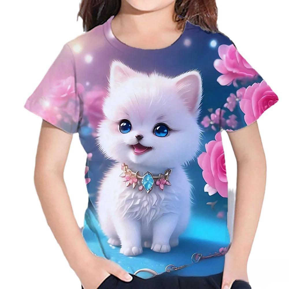 Summer Round Neck 3D Cat Printed Top Fashionable Casual Short Sleeved Children's Girl T-shirts