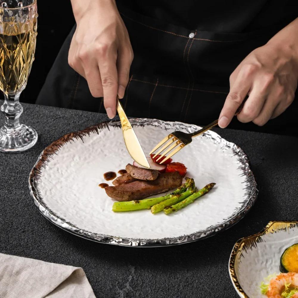 Round Ceramic Steak Plate with Stone Pattern and Gold and Silver Edge Western Restaurant Kitchen Dessert Fruit Plate Tableware