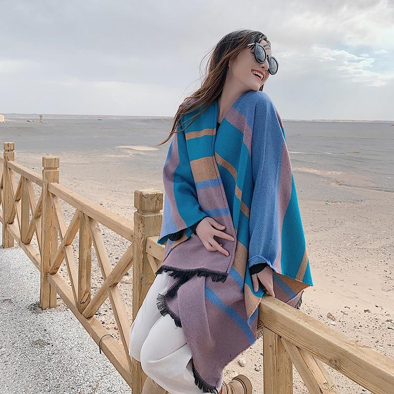 Scarf women's winter outer color matching striped split shawl desert travel photo cape imitation cashmere thickened warm