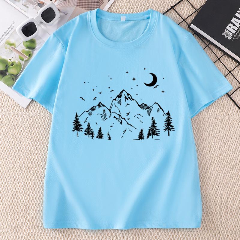 Minimalist Mountain T Shirt Nature Lover Tee Moon Mountain Graphic Tee Hiking TShirt Casual Round Neck Printed Tshirt Clothes