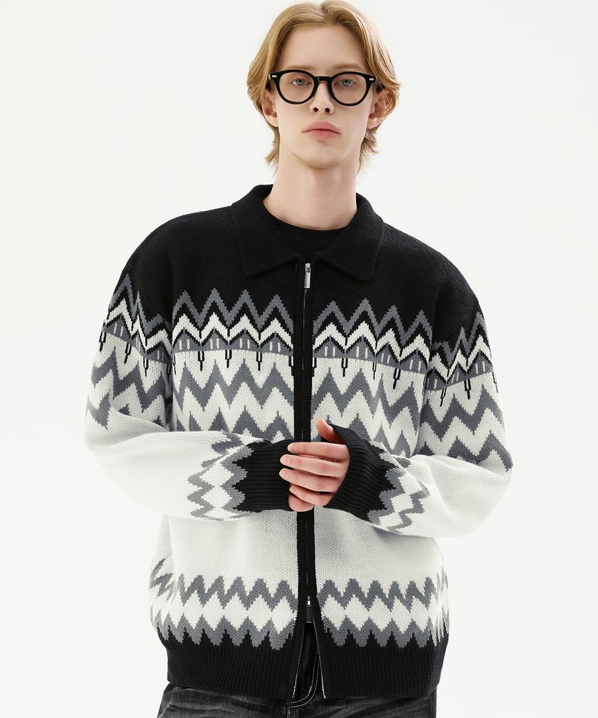 TRILLION Washable Nordic Jacquard Collar Neck 2-Way Zip-Up Knit [Black]